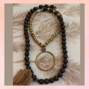 Handcrafted Brown and Gold Beaded Necklace with Ring Pendant